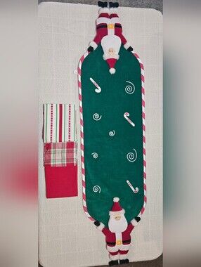 Festive Christmas Table Runner & 3 Holiday Dish Towels Set | Santa & Candy Cane
